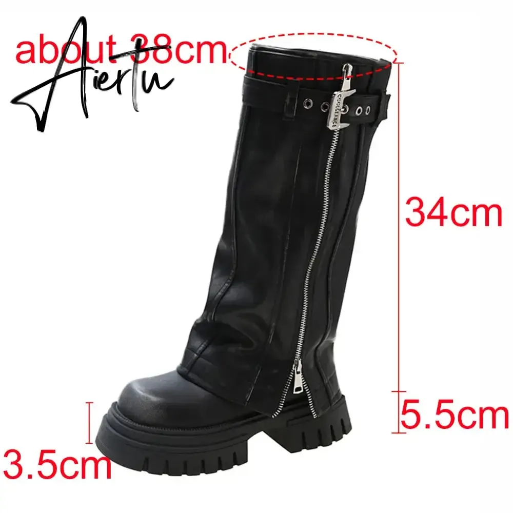 Aiertu Brand Desinger Knight Women Mid Calf Boots Chunky High Heeled Platform Punk Motorcycle Long Booties Goth Street Shoes For Women