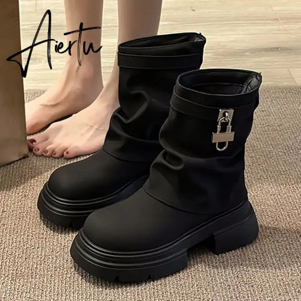 Aiertu Brand Desinger Knight Women Mid Calf Boots Chunky High Heeled Platform Punk Motorcycle Long Booties Goth Street Shoes For Women
