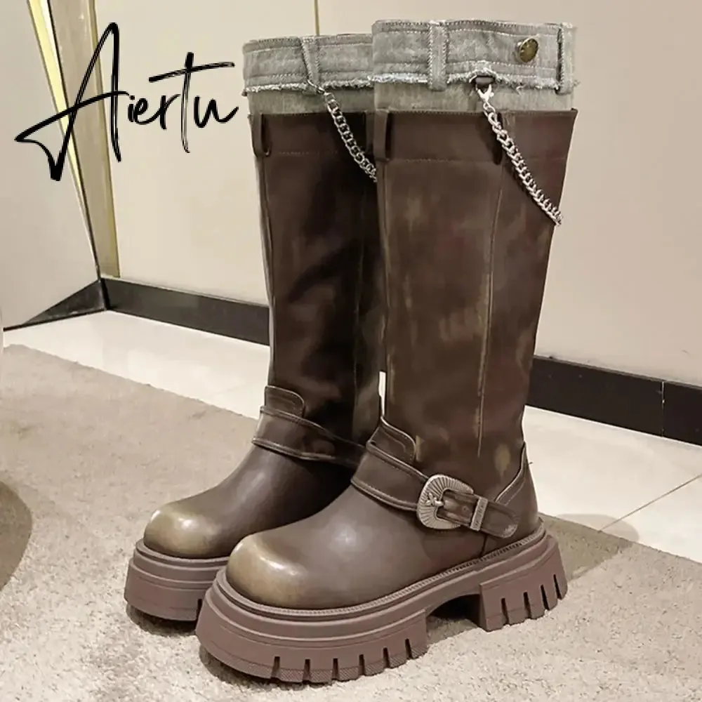 Aiertu Brand Desinger Knight Women Mid Calf Boots Chunky High Heeled Platform Punk Motorcycle Long Booties Goth Street Shoes For Women
