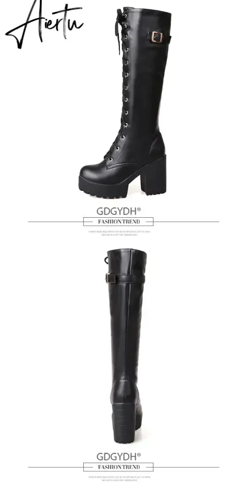 Aiertu Hot Sale Spring Autumn Lacing Knee High Boots Women Fashion White Square Heel Woman Leather Shoes Winter PU Large Size 43