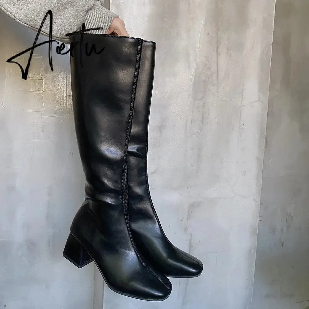 Aiertu Women Long Boots Woman Knee High Booties Ladies Shoes Platform Square Heel PU Leather Soft Zipper Woman Fashion Autumn