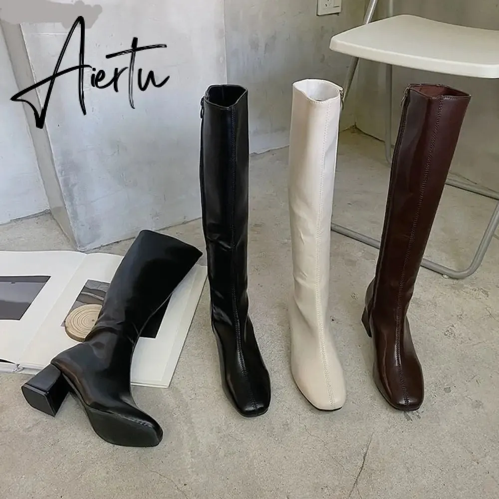 Aiertu Women Long Boots Woman Knee High Booties Ladies Shoes Platform Square Heel PU Leather Soft Zipper Woman Fashion Autumn