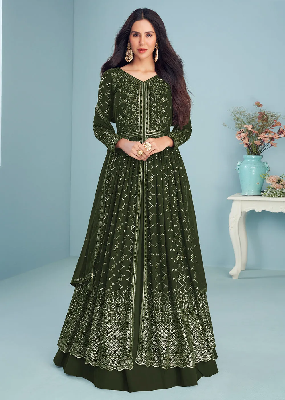 Mahendi Green Wedding Wear Designer Anarkali Suit