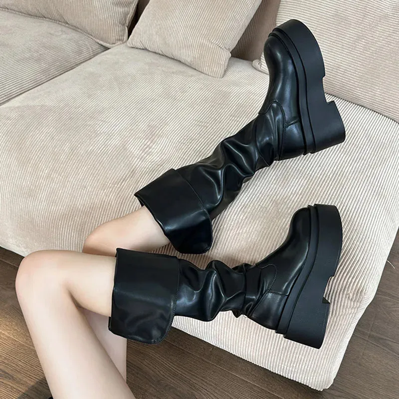 Sohiwoo Winter Punk Style Women Knee High Boots Fashion Pleated Slip On Long Booties Designer Thick Heels Botas De Mujer